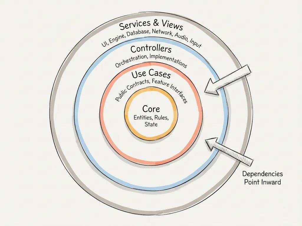 The four concentric layers of Clean Game Architecture